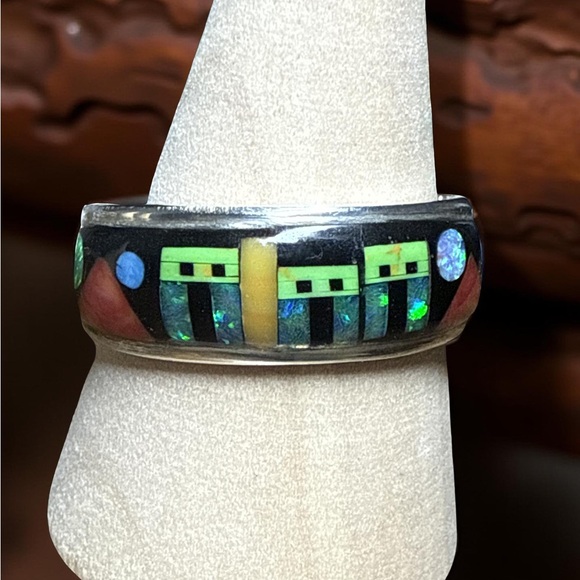 Sterling Silver Pueblo Inlay Ring | Size 9.5 | Navajo Zuni Style Artisan Jewelry - Picture 1 of 2